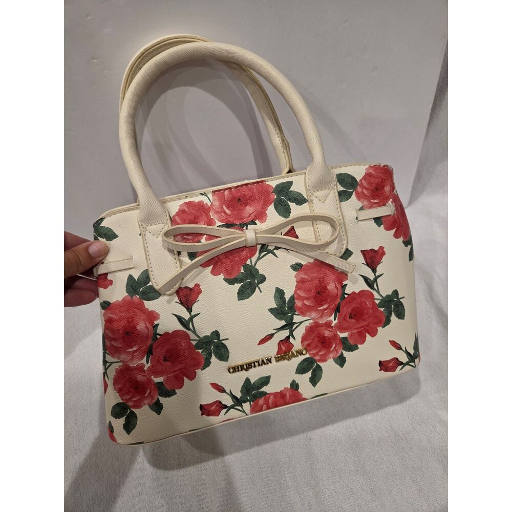 Christian Siriano Floral Satchel Handbag White Red Rose Print Bow Accent